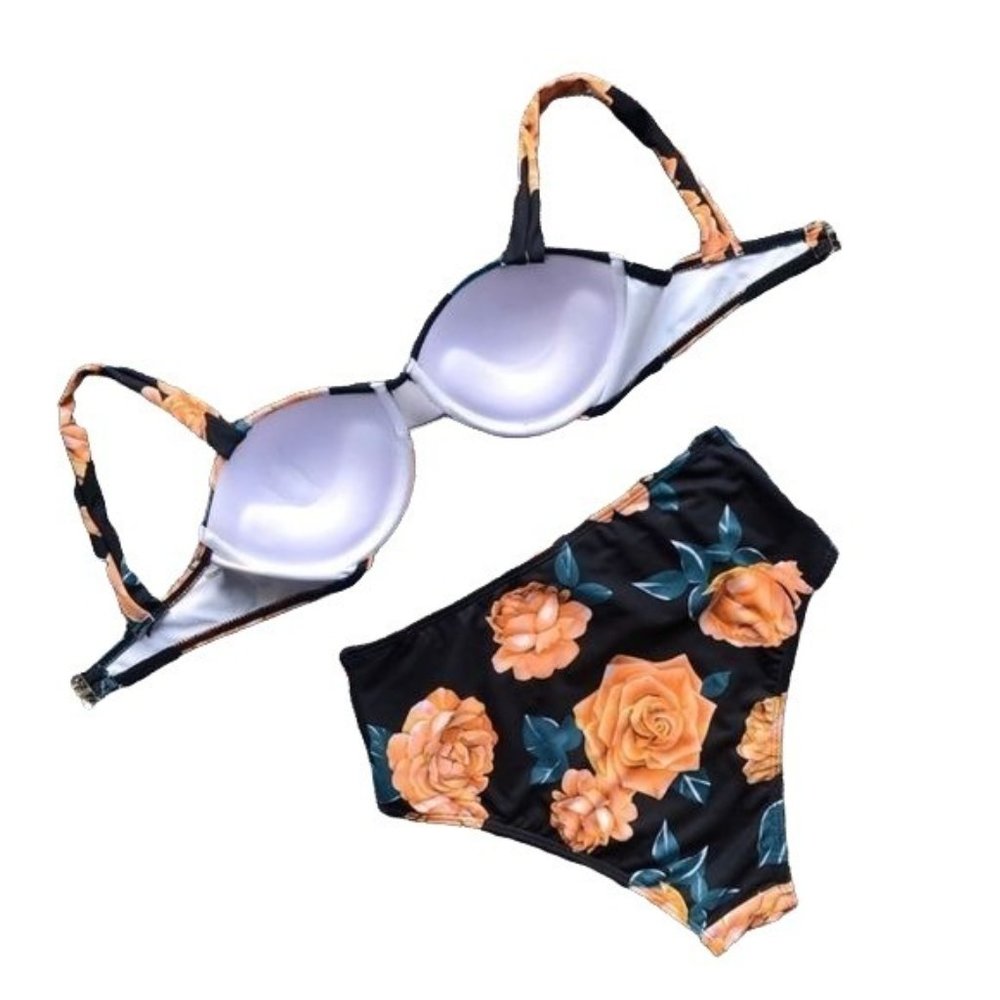 Luxyville black floral high waist 2 piece bikini swimsuit women's size L - Picture 4 of 14